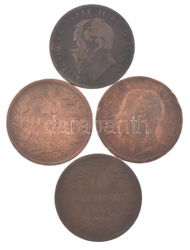 Olaszország 1862-1867. 10c bronz 'II. Viktor Emánuel' (4xklf) T:F patina, ph Italy 1862-1867. 10 Centesimi bronze 'Vittorio Emanuele II' (4xdiff) C:F patina, edge error