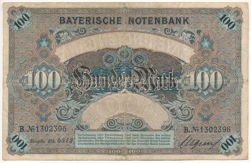 Német Birodalom / Bajorország 1900. 100M vízjeles papíron T:III German Empire / Bavaria 1900. 100 Mark on watermarked paper C:F Krause P#S922 - Image 2