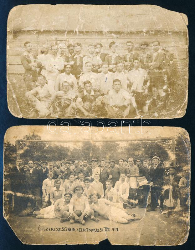 cca 1920 Kunszentmiklós labdarúgók, 2 db megviselt állapotú fotó, 9×13 cm