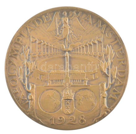 Hollandia 1928. 'IX. Nyári Olimpiai Játékok, Amszterdam' kétoldalas bronz részvételi érem eredeti papírtokban (55mm) T:XF / Netherlands 1928. '9th Summer Olympic Games, Amsterdam' two-sided bronze participal medal in original paper case
