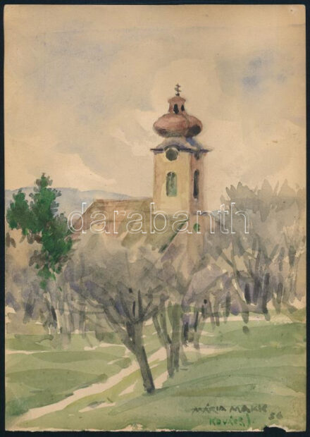Monori Kovács Jenő (1884-?): Mária Makk (Budakeszi-Makkosmária), 1936. Akvarell, papír, jelzett, alján kisebb sérüléssel, 20,5x14,5 cm