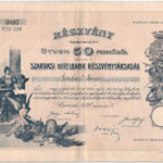 Szarvas 1927. 'Szarvasi Hitelbank Részvénytársaság' részvénye 50P-ről szárazpecséttel, szelvényekkel T:F