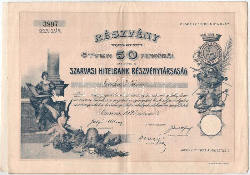 Szarvas 1927. 'Szarvasi Hitelbank Részvénytársaság' részvénye 50P-ről szárazpecséttel, szelvényekkel T:F