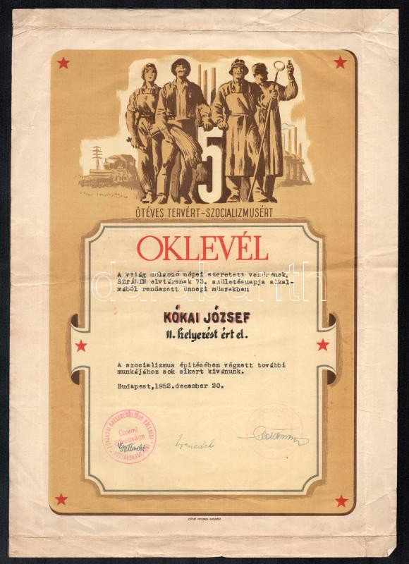 1952 Bp., szocreál grafikus oklevél Sztálin születésnapja alkalmából tartott műszakról