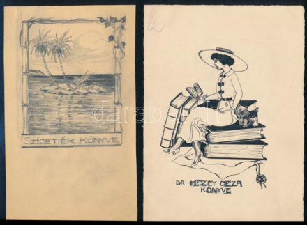 Monori Kovács Jenő (1884-?), össz. 3 db szecessziós ex libris terv: Szigetiék könyve (2 db) és Dr. Mezey Géza könyve, 1910 körül. Ceruza, tus, papír, egyik jelzett, 12x9,5 és 20x15 cm közötti méretekben