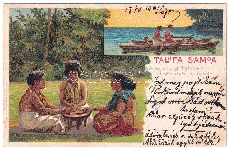 1901 Talofa Samoa. Ausstellung Samoa Unsere neuen Landsleute. Giesecke & Devrient / German colonial exhibition advertisement, litho (EK)