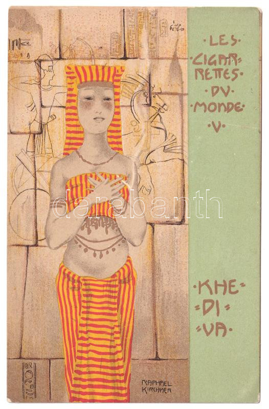Les Cigarettes du Monde V. Khediva / Art Nouveau lady smoking a cigarette. litho s: Raphael Kirchner (lyuk / pinhole)
