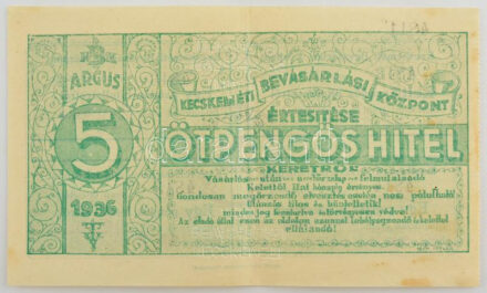 1936. Kecskeméti Bevásárlási Központ értesítése 5P hitel keretről, zöld színben, hátoldalán bélyegzéssel T:VF apró foltok / Hungary 1936. Announcement of the Kecskeméti Bevásárlási Központ's credit limit in 5 Pengő worth,