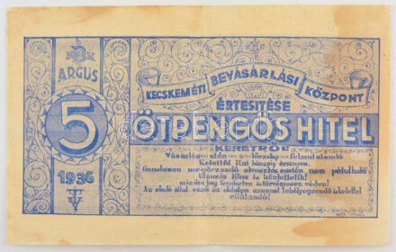 1936. Kecskeméti Bevásárlási Központ értesítése 5P hitel keretről, kék színben, hátoldalán bélyegzéssel T:VF folt, kis sarokhiány / Hungary 1936. Announcement of the Kecskeméti Bevásárlási Központ's credit limit in 5 Pengő