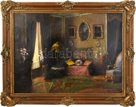 Apátfalvi Czene János (1904-1984): Enteriőr. Olaj, vászon, jelzett, kissé sérült. Dekoratív fakeretben. 60×80 cm