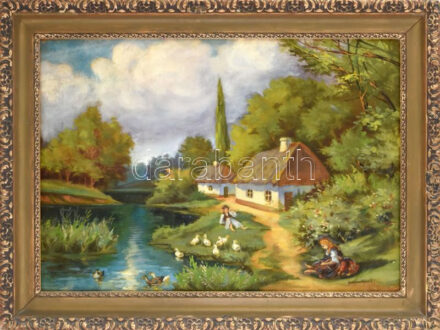 Szappanyos jelzéssel: Lányka és fiú a patakparton. Olaj, vászon. Dekoratív, kissé sérült fakeretben. 50x70 cm
