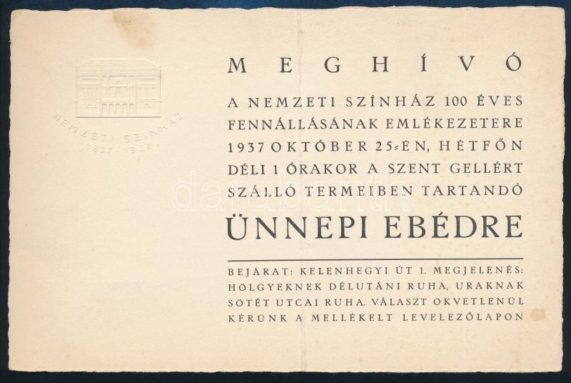 1937 Meghívó Nemzeti Színház ünnepi ebédre, hajtott