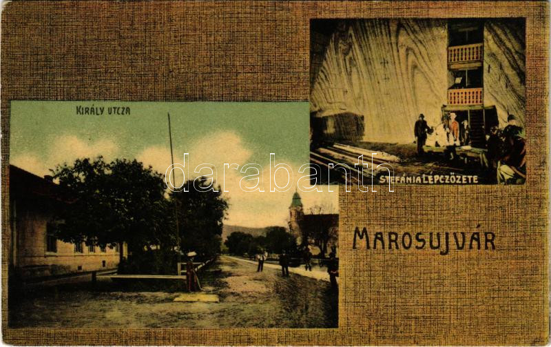 Marosújvár, Uioara, Ocna Mures; Király utca, Stefánia bánya lépcsőzete. Grünn Géza kiadása / street view, mine interior (ázott / wet damage)