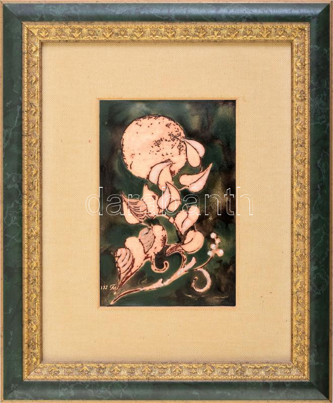 Kuruczné Paál Mária (1943-): Remény, 2005. Tűzzománc, fémlemez, jelzett a hátoldalán. Dekoratív fakeretben. 14,5x9,5 cm