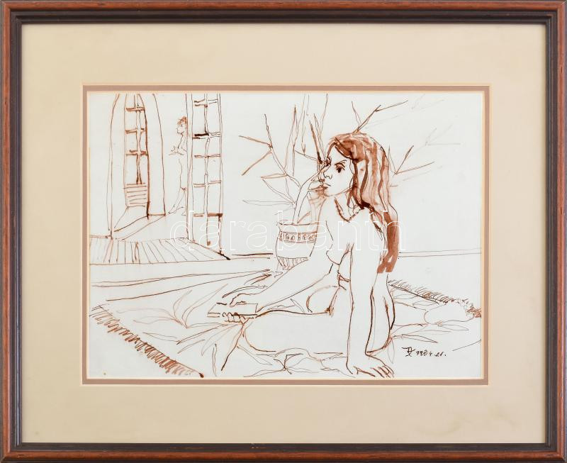 Dániel Kornél Miklós (1923-2002): Ülő női akt. Diópác, papír, jelzett, üvegezett fakeretben, 19,5×28 cm