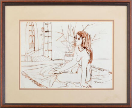 Dániel Kornél Miklós (1923-2002): Ülő női akt. Diópác, papír, jelzett, üvegezett fakeretben, 19,5×28 cm