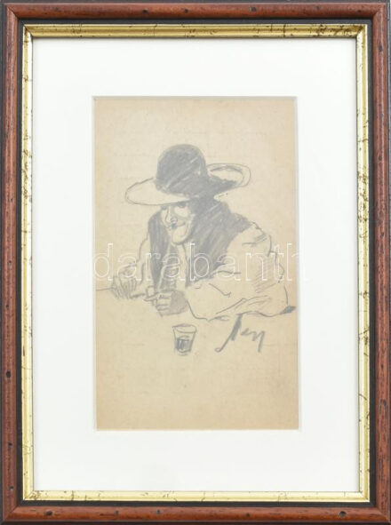 Nagy József (?-?): Pipázó alak. Ceruza, papír, jelzett, üvegezett fakeretben, 14×9 cm