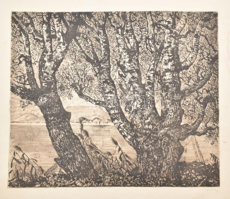 id. Imre István (1918-1983): Balaton. Rézkarc, papír, jelzett, lap széle kissé foltos, 49x59 cm
