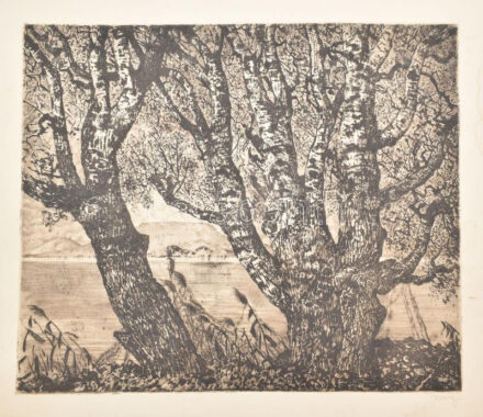 id. Imre István (1918-1983): Balaton. Rézkarc, papír, jelzett, lap széle kissé foltos, 49x59 cm