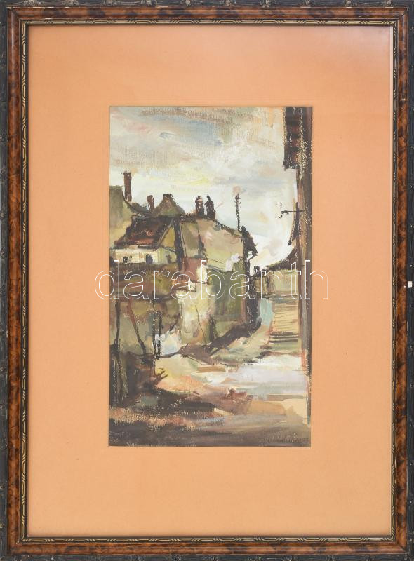 Jelzés nélkül: Városrészlet, olaj ,papír. Üvegezett keretben 34x19 cm