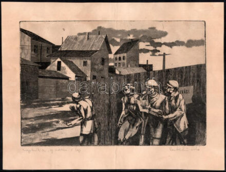 Konstantin László (1930-): Megjelenik az 'Új március' c. lap. Rézkarc, papír. Jelzett, kissé foltos, közepén hajtásnyommal, 21x31 cm