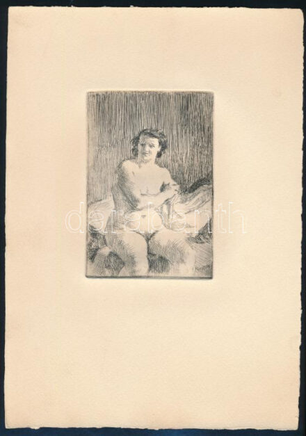 Jelzés nélkül (Szőnyi István?): Mosolygó női akt. Rézkarc, papír, 12x8 cm
