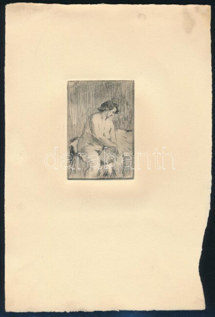 Jelzés nélkül (Szőnyi István?): Ülő női akt. Rézkarc, papír, lap széle kissé sérült, koszos, 9x6 cm