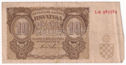 Független Horvát Állam 1941. 10K 'LK 983764' T:F Independent State of Croatia 1941. 10 Kuna 'LK 983764' C:F Krause P#5b