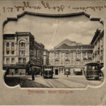 1909 Temesvár, Timisoara; Szent György tér, villamos, Varneky A. üzlete. Polatsek kiadása / square, trams, shops (fa)