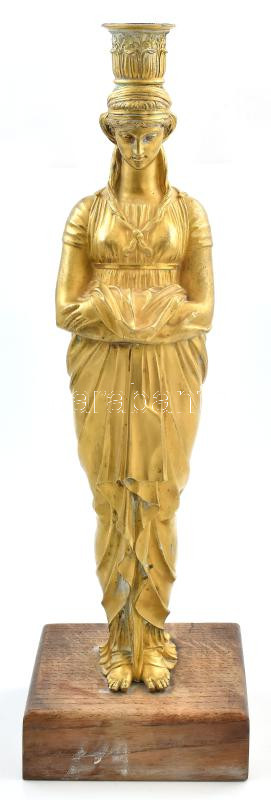 Antik Kariatida gyertyatartó, tűziaranyozott bronz, fragmentum, kopásokkal, fatalapzaton, m: 45 cm - Image 2