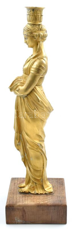 Antik Kariatida gyertyatartó, tűziaranyozott bronz, fragmentum, kopásokkal, fatalapzaton, m: 45 cm - Image 3