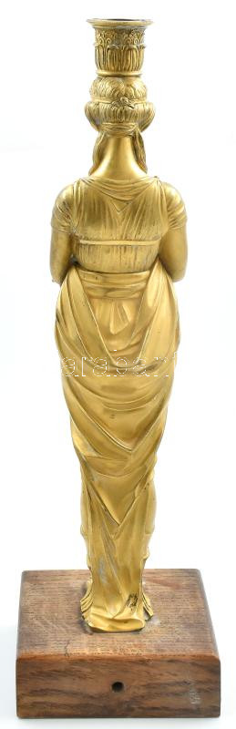 Antik Kariatida gyertyatartó, tűziaranyozott bronz, fragmentum, kopásokkal, fatalapzaton, m: 45 cm - Image 4