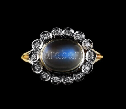 14k fehérarany (Au) koktél gyűrű 1,8ct holdkővel és 0,16ct gyémánttal 5,6g M: 52 tanúsítvánnyal