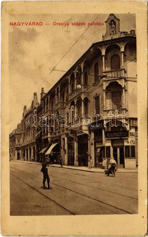 1910 Nagyvárad, Oradea; Orsolya szüzek palotája, Ausländer S. üzlete / palace, shops (EK)