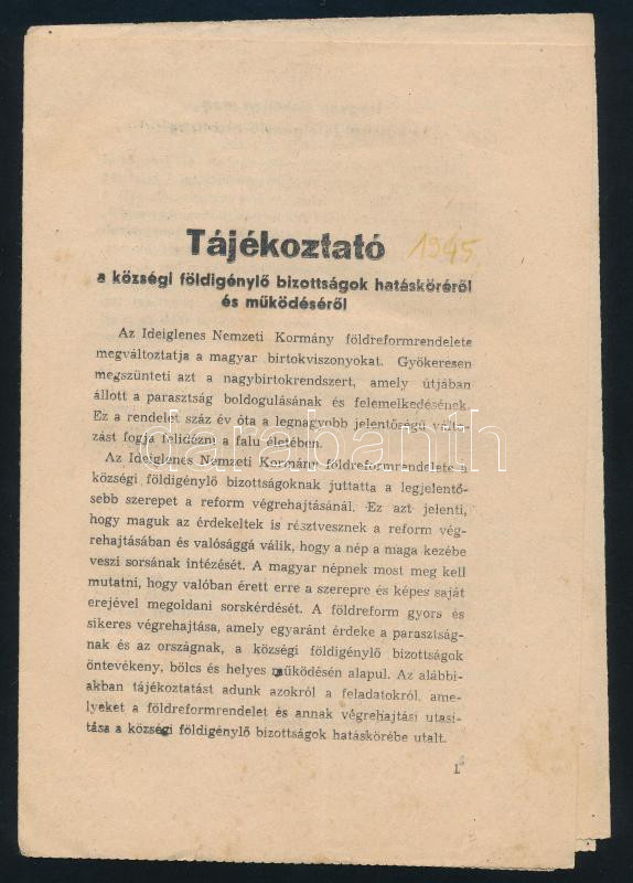 1945 Tájékoztató a községi földigénylő bizottságok hatásköréről és működéséről. 8p.