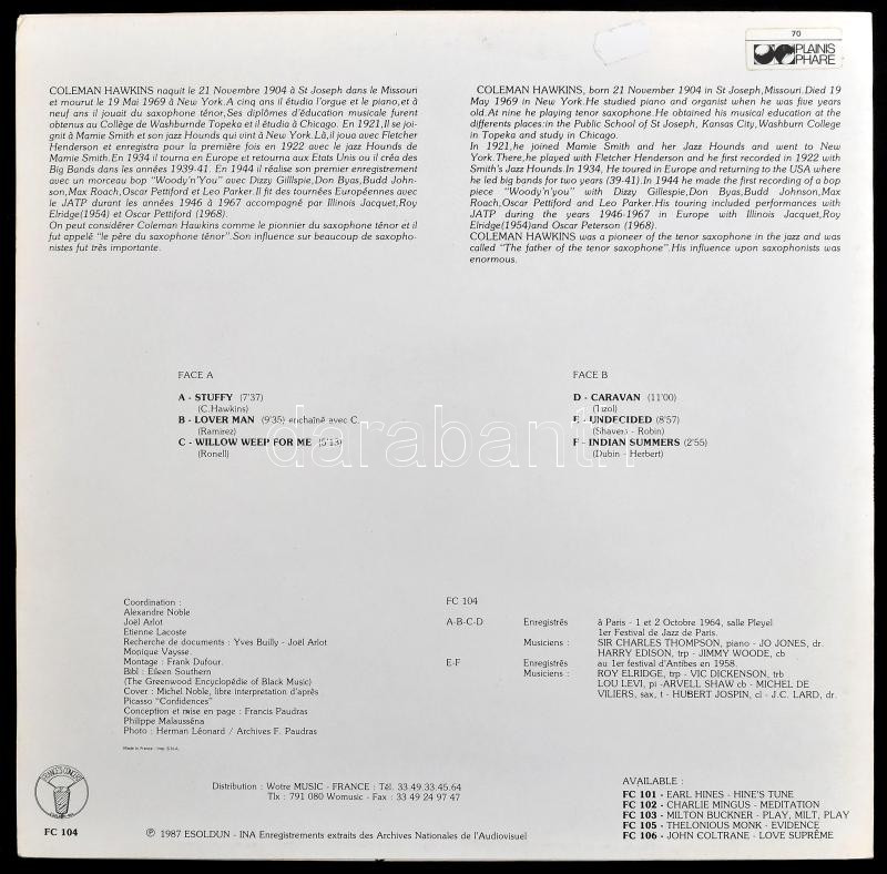 Coleman Hawkins - Lover Man. Vinyl, LP, Album, Mono. France's Concert. Franciaország, 1987. jó állapotban - Image 2