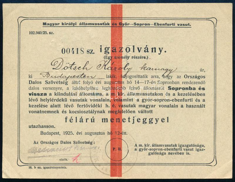 1925 GYSEV Igazolvány az országos dalos szövetség karnagya részére vasúti utazási