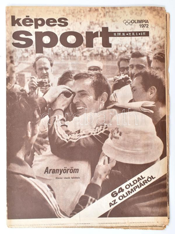1972.IX.5., Képes Sport müncheni olimpiáról tudósító száma, Aranyérem melléklettel, számos fekete-fehér fotóval, részben felvágatlan példány, 64 p.