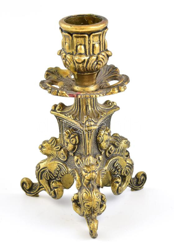 Historizáló gyertyatartó, öntött fém, m: 12,5 cm