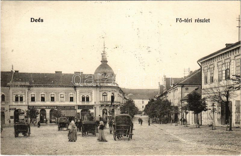 1909 Dés, Dej; Fő tér, lovashintók, Polonyi és Kanyó, Rehák Ágoston, Bakó Mihály és Fesztinger Sámuel kiadása / main square, horse chariots, shops