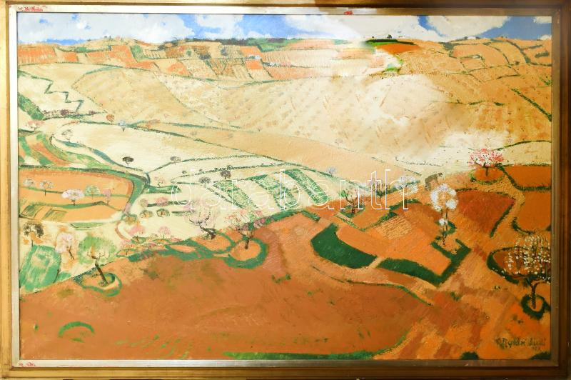 Batári László (1920-1997): Őszibarackos Békásmegyeren, 1987. Olaj, vászon. Jelezve jobbra lent. Hátoldalán autográf felirattal. Fakeretben. 100x150cm. KIZÁRÓLAG SZEMÉLYES ÁTVÉTEL, NEM POSTÁZZUK! / Oil on canvas, signed lower right,