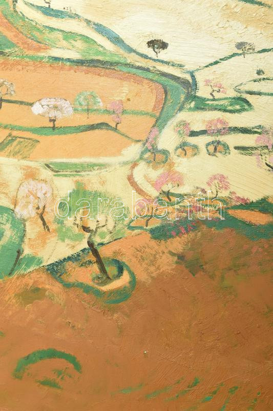 Batári László (1920-1997): Őszibarackos Békásmegyeren, 1987. Olaj, vászon. Jelezve jobbra lent. Hátoldalán autográf felirattal. Fakeretben. 100x150cm. KIZÁRÓLAG SZEMÉLYES ÁTVÉTEL, NEM POSTÁZZUK! / Oil on canvas, signed lower right, - Image 2