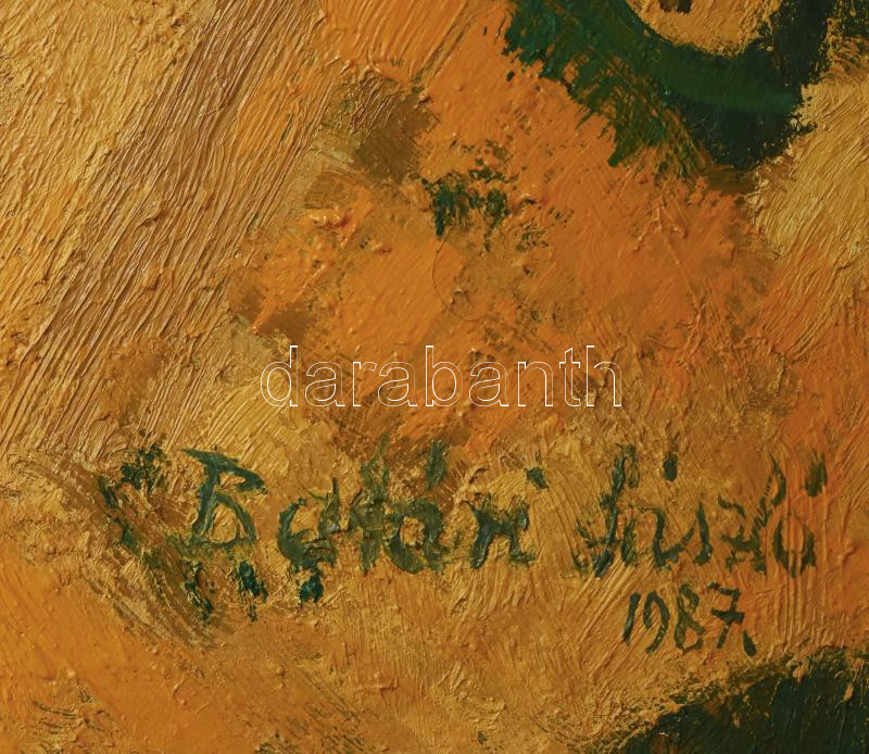 Batári László (1920-1997): Őszibarackos Békásmegyeren, 1987. Olaj, vászon. Jelezve jobbra lent. Hátoldalán autográf felirattal. Fakeretben. 100x150cm. KIZÁRÓLAG SZEMÉLYES ÁTVÉTEL, NEM POSTÁZZUK! / Oil on canvas, signed lower right, - Image 3