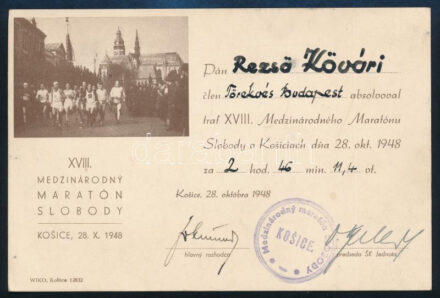 1948 Kassa, maratonfutó nevére kiállított emléklap
