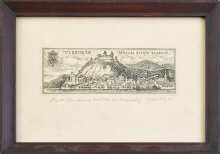 Vertel József (1922-1993): Visegrád Mátyás király korában. Rézkarc, papír, jelzett, autográf ajándékozási sorokkal, 5x14,5 cm. Üvegezett fa keretben (keret: 16,5x23 cm).