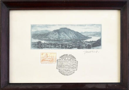 Vertel József (1922-1993): Dömös (Dunakanyar), 1971. Rézkarc, papír, jelzett, 4,5x12,5 cm. Alkalmi bélyegzéssel (Vertel József bélyeggrafikai kiállítása, Dömös, 1982.), üvegezett fa keretben (keret: 16,5x22,5 cm).