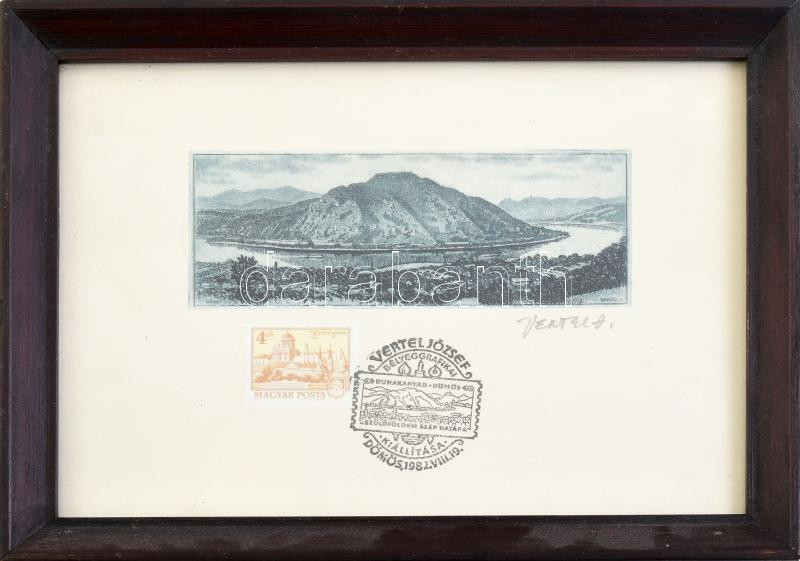 Vertel József (1922-1993): Dömös (Dunakanyar), 1971. Rézkarc, papír, jelzett, 4,5x12,5 cm. Alkalmi bélyegzéssel (Vertel József bélyeggrafikai kiállítása, Dömös, 1982.), üvegezett fa keretben (keret: 16,5x22,5 cm).