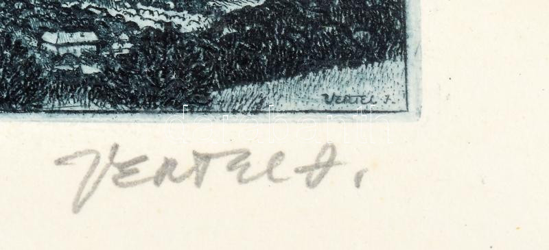 Vertel József (1922-1993): Dömös (Dunakanyar), 1971. Rézkarc, papír, jelzett, 4,5x12,5 cm. Alkalmi bélyegzéssel (Vertel József bélyeggrafikai kiállítása, Dömös, 1982.), üvegezett fa keretben (keret: 16,5x22,5 cm). - Image 2