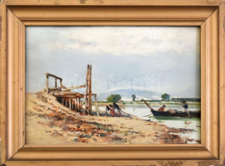 Pörge Gergely (1858-1930): Duna mentén. Olaj, falemez. Jelezve jobbra lent. Hátoldalán autográf felirattal. Dekoratív, kissé sérült üvegezett fakeretben. 16×23 cm / oil on wood, signed, with autograph description on the reverse, framed
