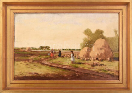 Pörge Gergely (1858-1930): A Nagyalföldről. Olaj, fa. Jelezve balra lent. Hátoldalán autográf felirattal. Dekoratív fakeretben. 31×47 cm / oil on wood, signed, with autograph description on the reverse, framed
